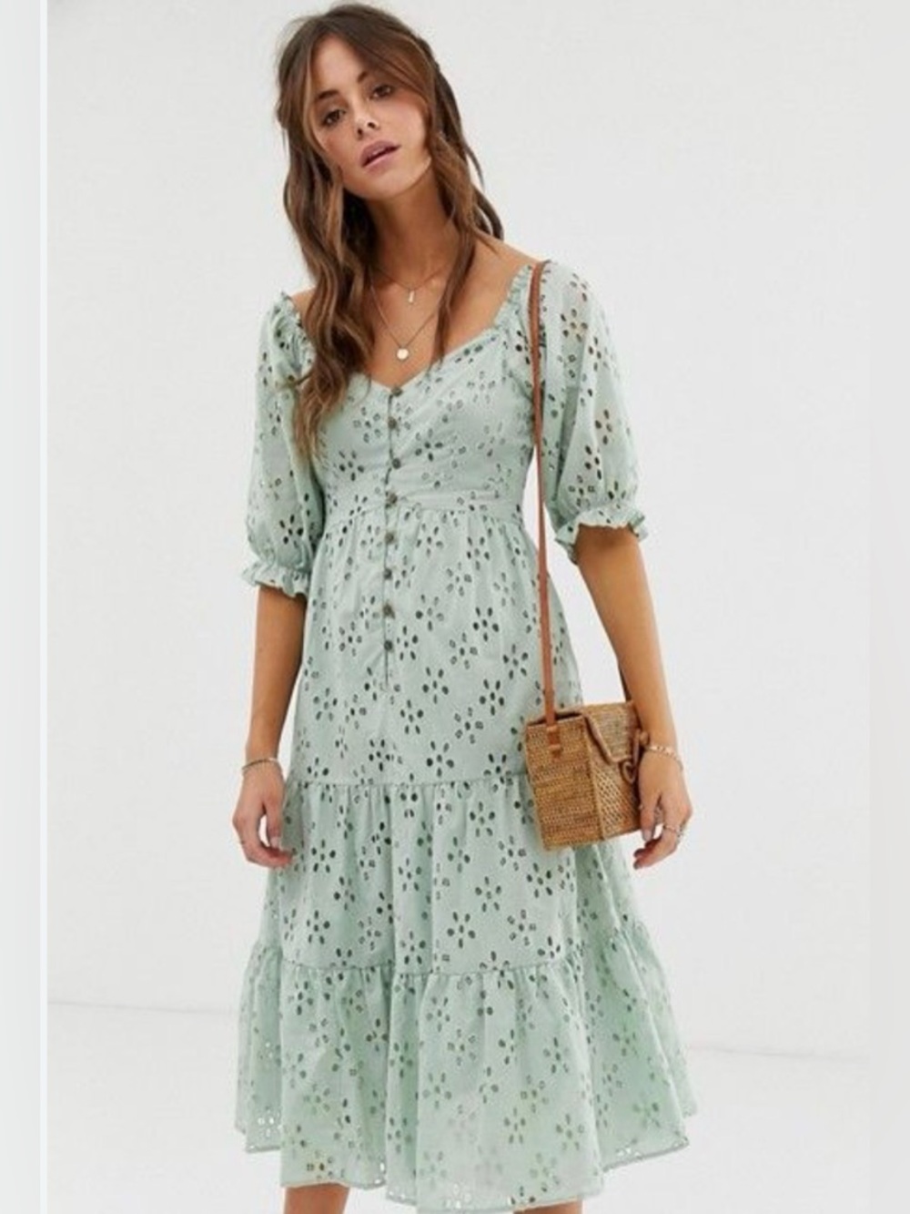 ASOS Light Green Eyelet Midi Dress